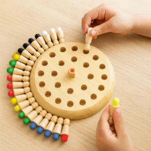 NiraToys Kids Wooden Memory Chess Game – Coloured Pieces on Round Wooden Board Close Up