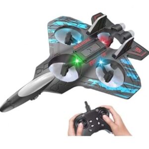 RC Fighter Jet Drone with 2.4GHz remote control – front view showing LED lights and quad rotors