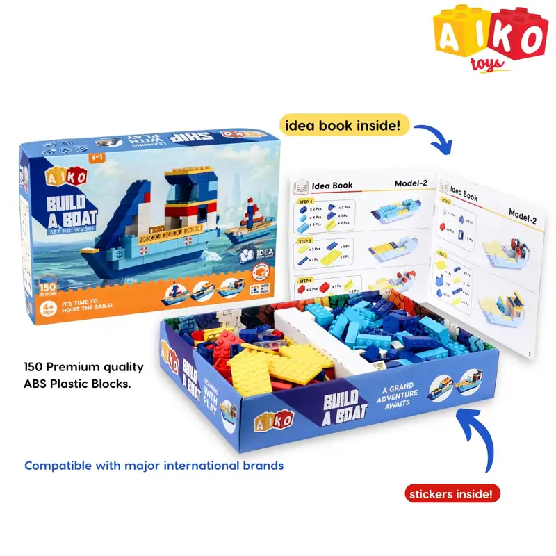 NiraToys Aiko Build a Boat 150 ABS Blocks with Idea Book and Stickers Compatible with International Brands