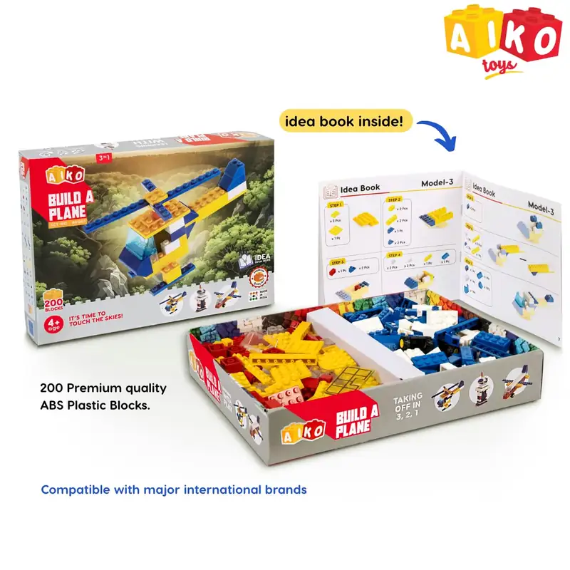 NiraToys Aiko Build a Plane 200 Premium ABS Blocks with Idea Book Compatible with International Brands