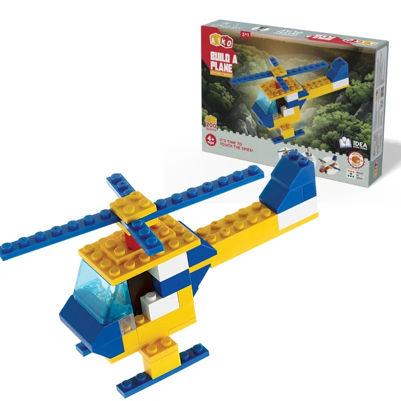 NiraToys Aiko Build a Plane Helicopter 200 Blocks 3-in-1 Blue Yellow ABS Building Set Age 4 Plus