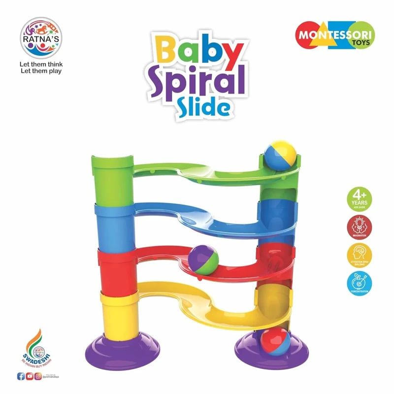 NiraToys Ratnas Baby Spiral Slide Montessori Marble Run Toy – Colourful Balls Rainbow S-Ramp Age 4 Plus